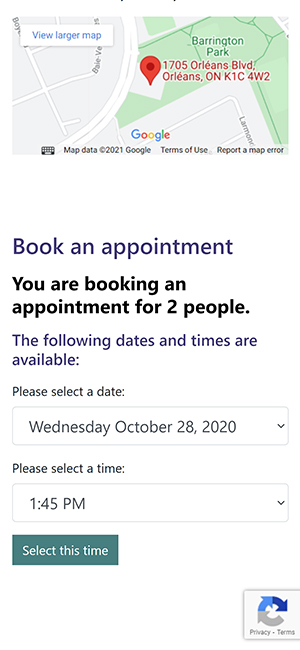 Screen capture of flu shot booking date and time selection.